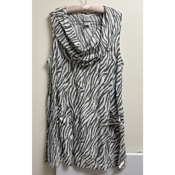 Match Point XL Zebra Print Linen Swing Dress Gray/White Pockets - Picture 1 of 4